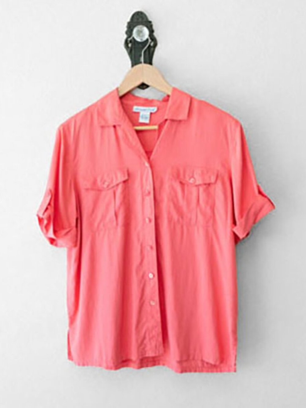 Anna & Frank 100% Silk Blouse Large Coral Pink Button Up Short Sleeve Lightweigh